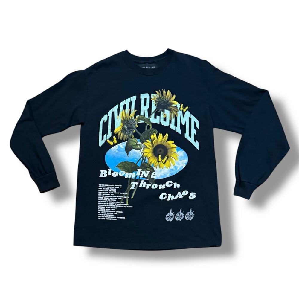 Civil Regime T-Shirt Mens Black Long Sleeve Graphic Tee Blooming Through Chaos M